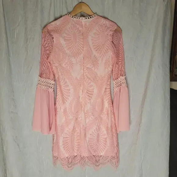 Lace cocktail Dress With Bell Sleeves Size M Coquette Feminine Romantic Boho - Picture 2 of 7